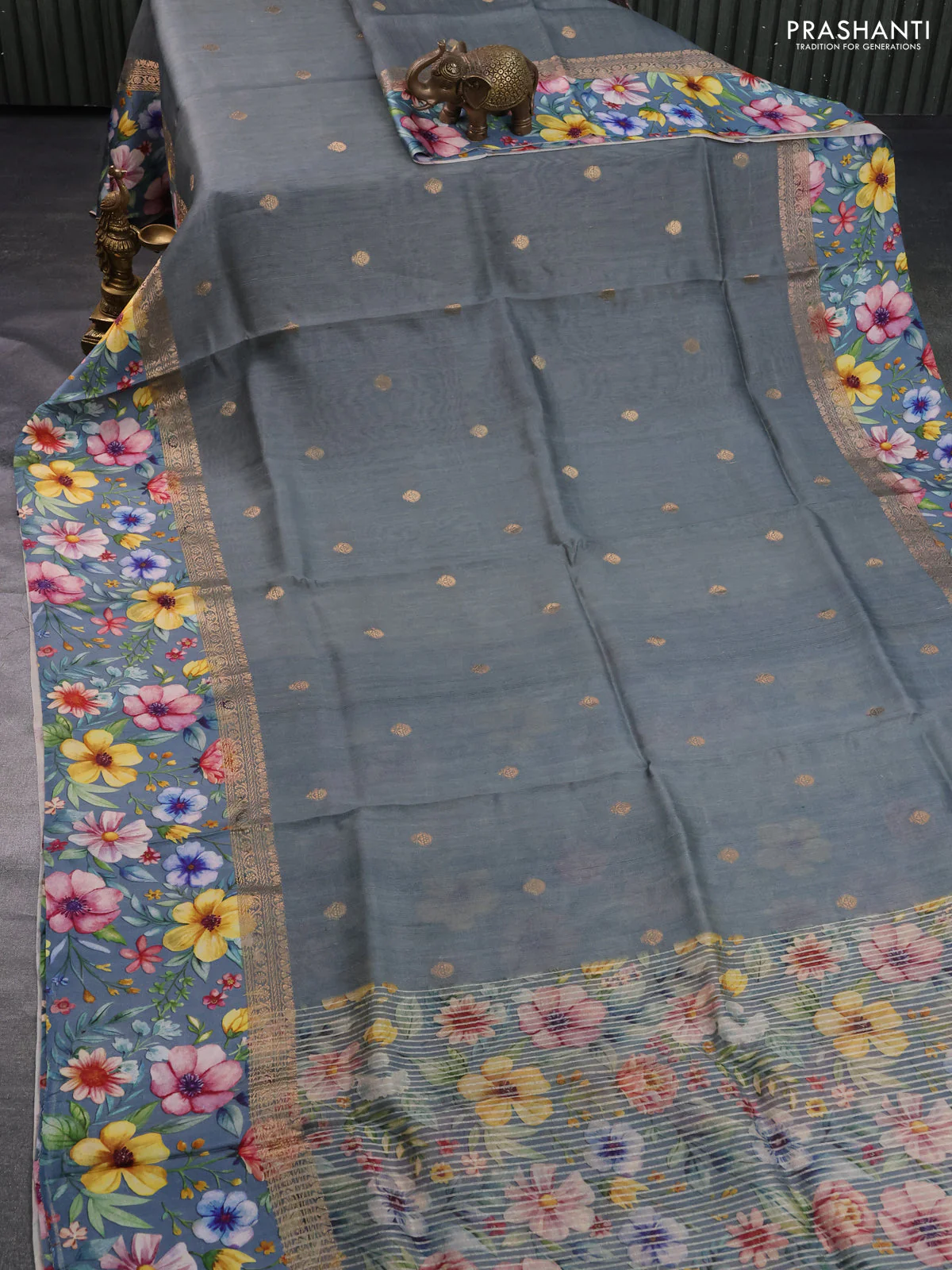 Banarasi tussar silk saree grey with zari woven buttas and zari woven floral digital printed border - Image 2