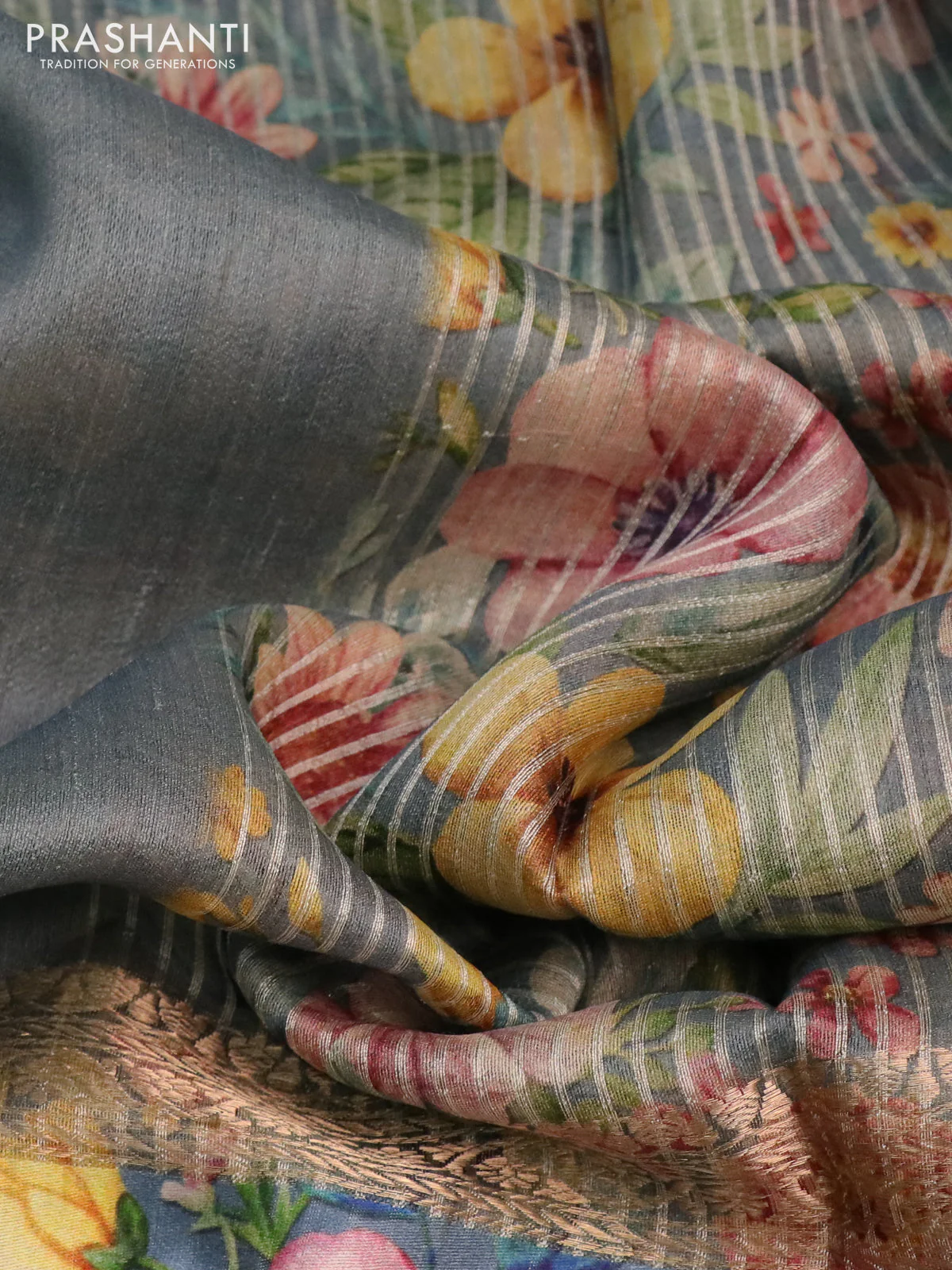Banarasi tussar silk saree grey with zari woven buttas and zari woven floral digital printed border - Image 3
