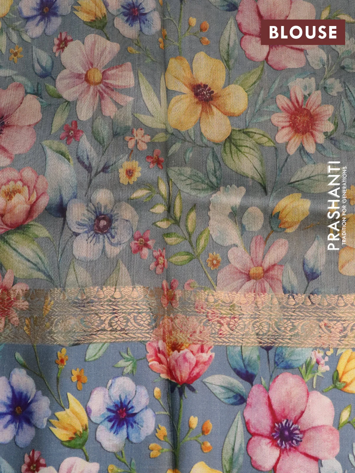 Banarasi tussar silk saree grey with zari woven buttas and zari woven floral digital printed border - Image 4