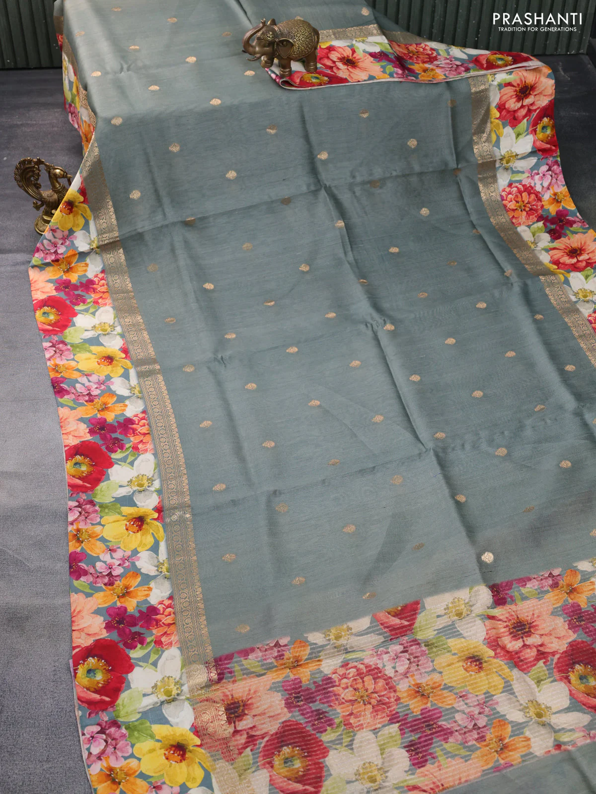 Banarasi tussar silk saree greyish green with zari woven buttas and zari woven floral digital printed border - Image 2