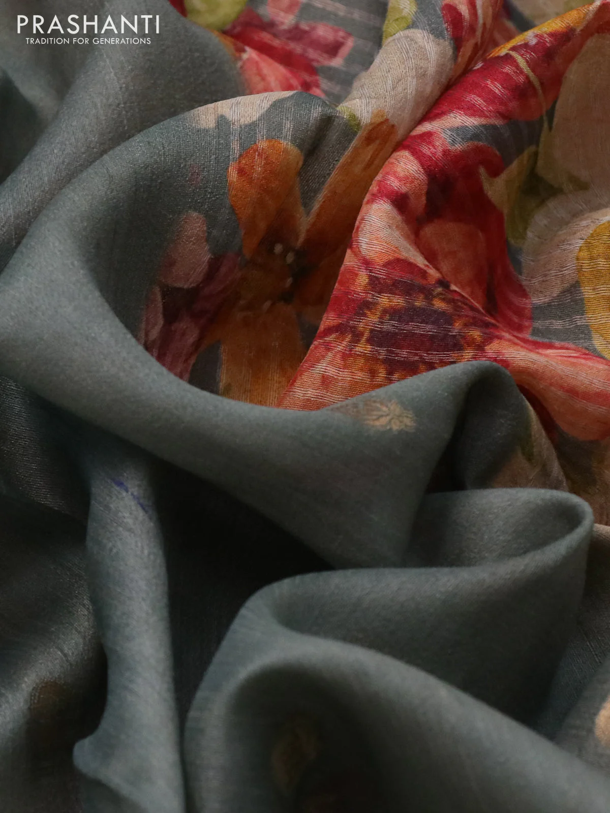 Banarasi tussar silk saree greyish green with zari woven buttas and zari woven floral digital printed border - Image 3