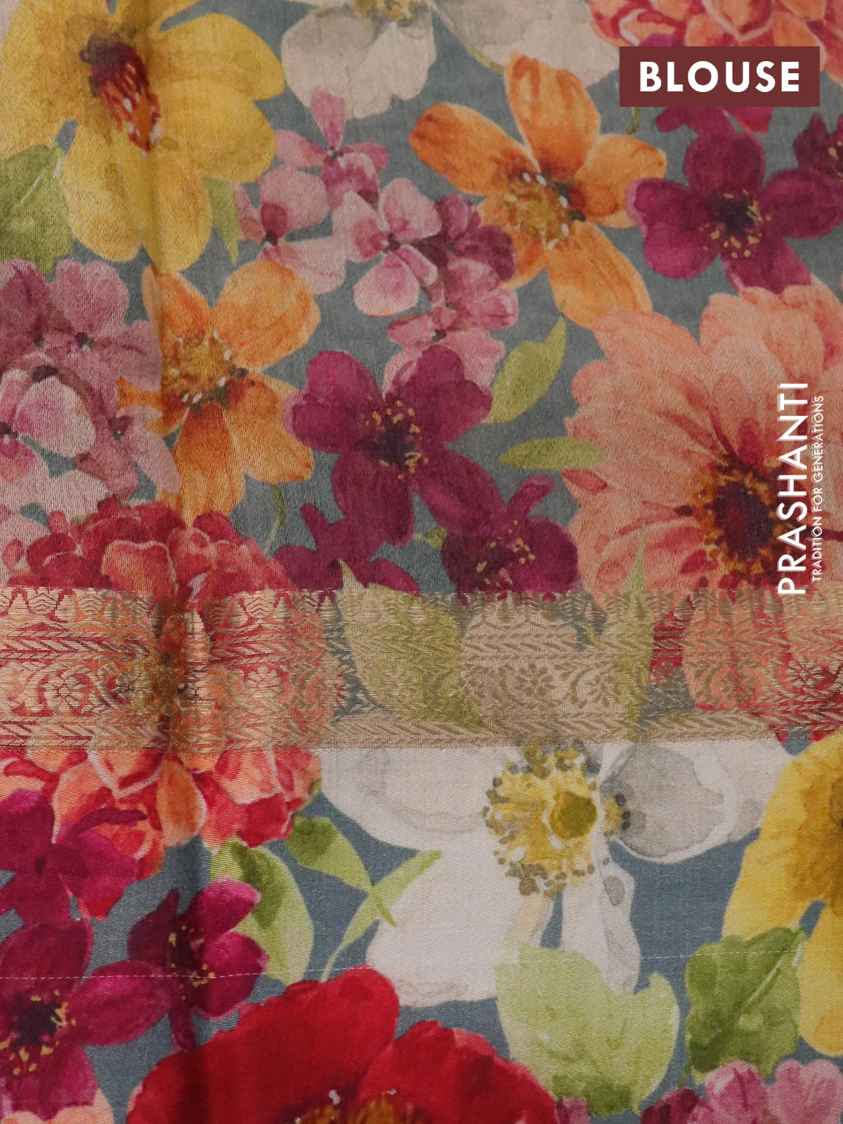 Banarasi tussar silk saree greyish green with zari woven buttas and zari woven floral digital printed border - Image 4