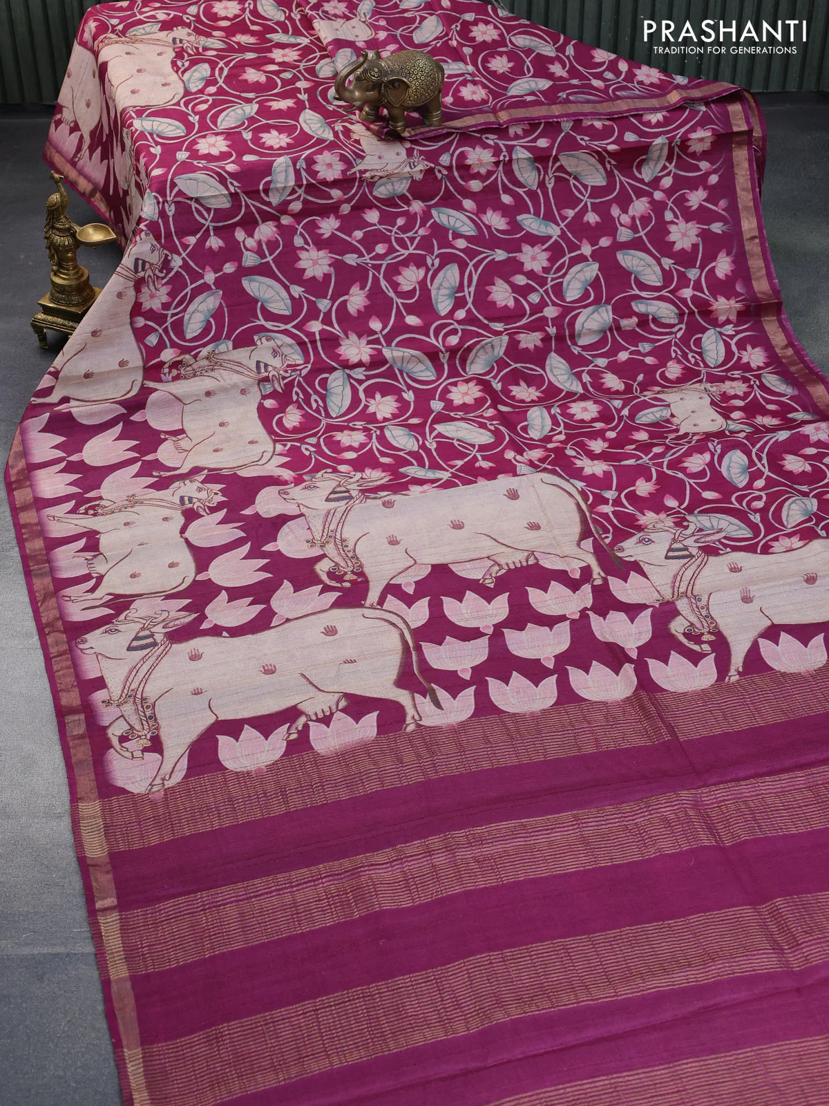 Banarasi tussar silk saree magenta pink with allover pichwai digital prints and zari woven border - Image 2