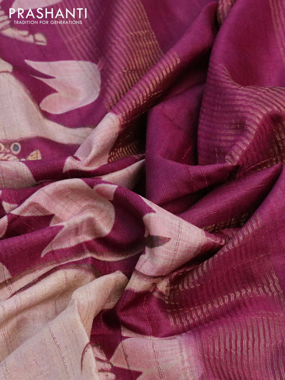 Banarasi tussar silk saree magenta pink with allover pichwai digital prints and zari woven border - Image 3