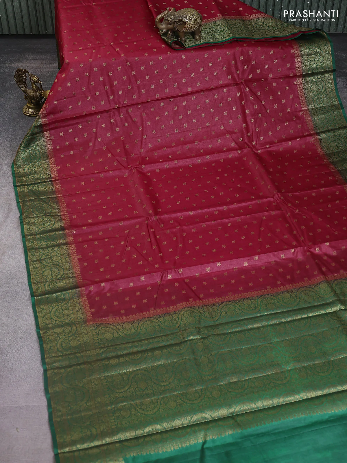 Banarasi tussar silk saree maroon and green with allover thread & zari woven buttas and woven border - Image 2