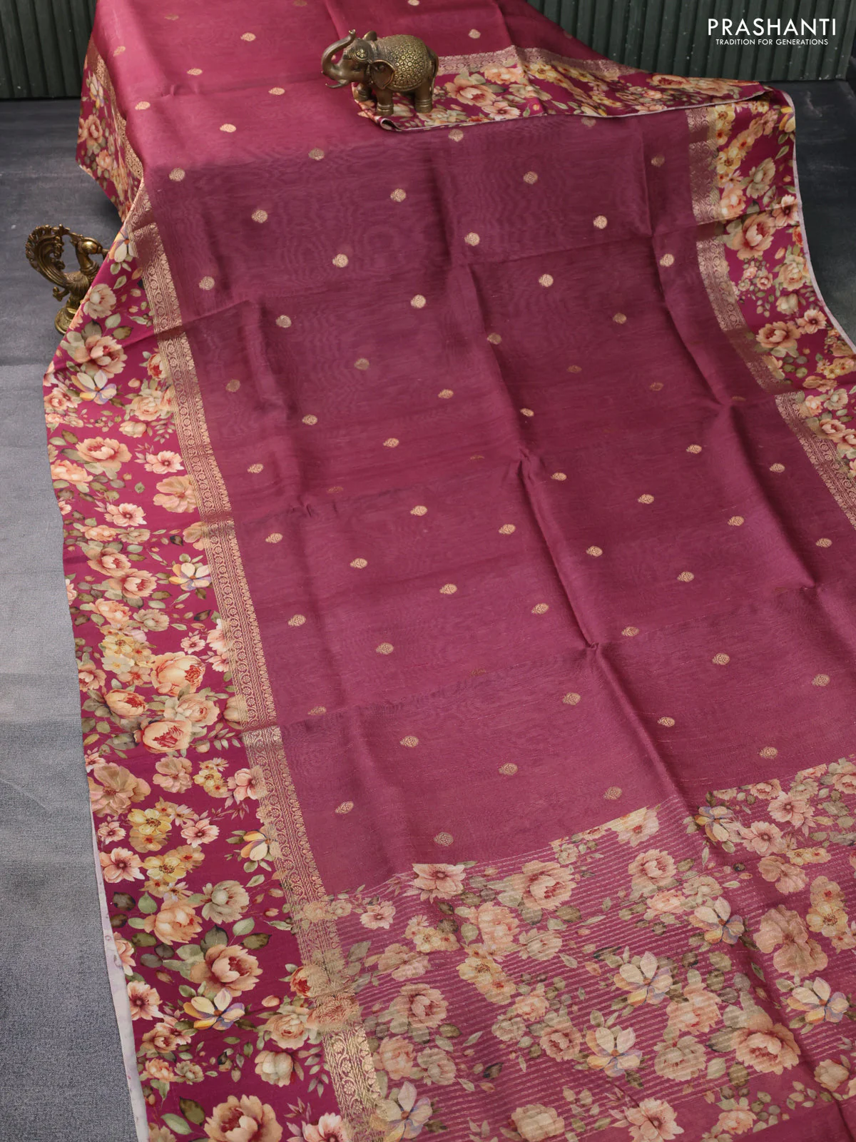 Banarasi tussar silk saree maroon and magenta pink with zari woven buttas and zari woven floral digital printed border - Image 2