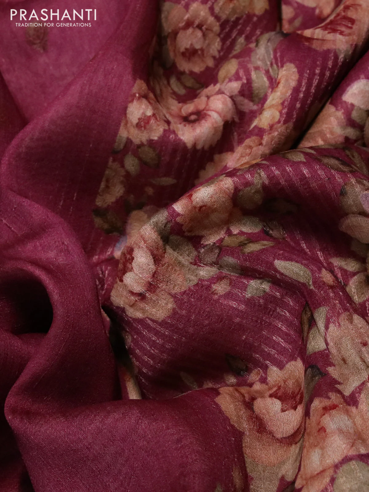Banarasi tussar silk saree maroon and magenta pink with zari woven buttas and zari woven floral digital printed border - Image 3