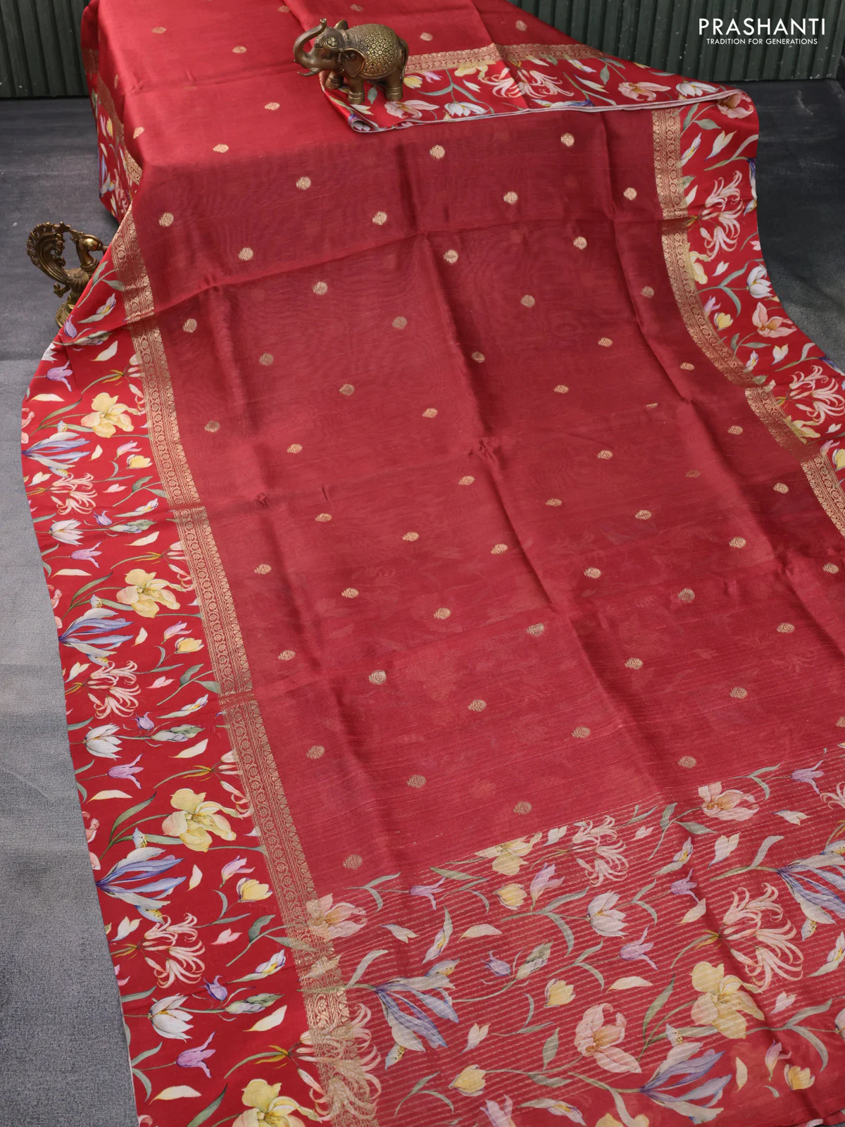 Banarasi tussar silk saree maroon and red with zari woven buttas and zari woven floral digital printed border - Image 2