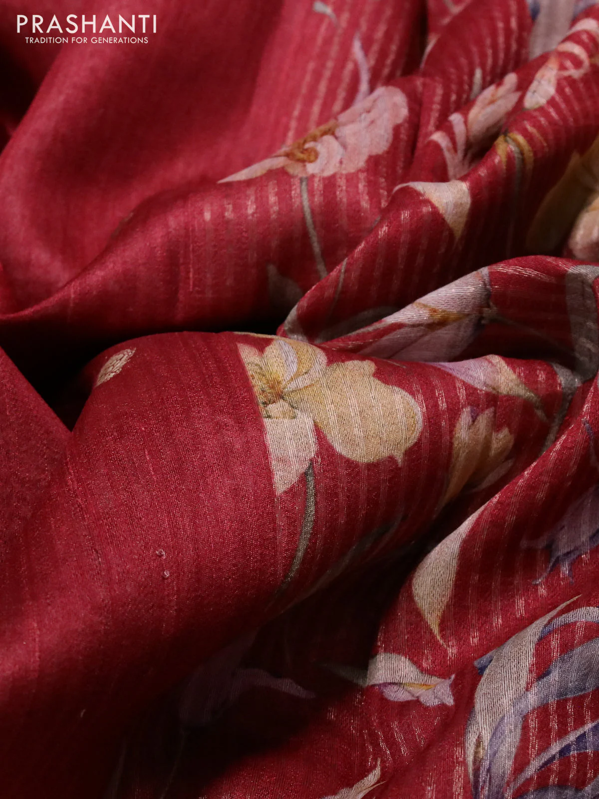 Banarasi tussar silk saree maroon and red with zari woven buttas and zari woven floral digital printed border - Image 3