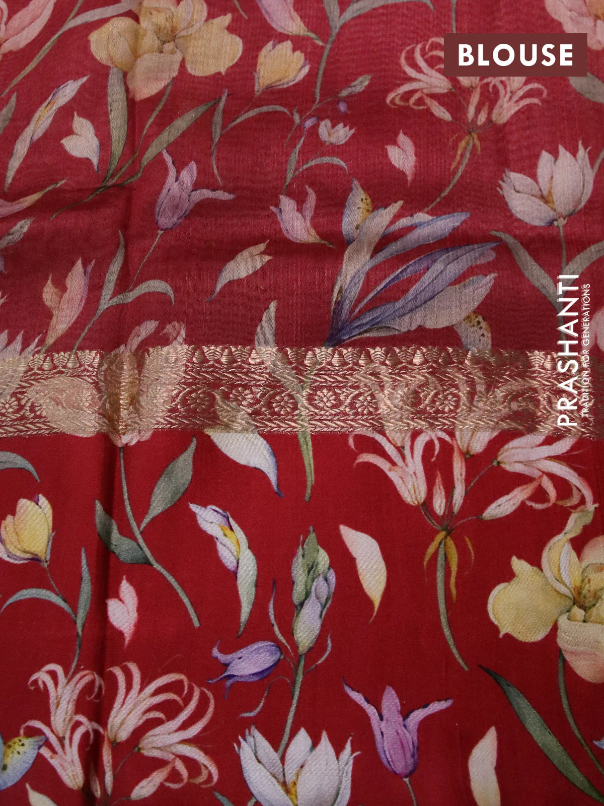 Banarasi tussar silk saree maroon and red with zari woven buttas and zari woven floral digital printed border - Image 4