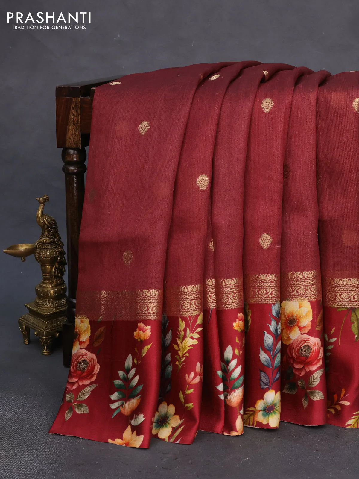 Banarasi tussar silk saree maroon with zari woven buttas and zari woven floral digital printed border
