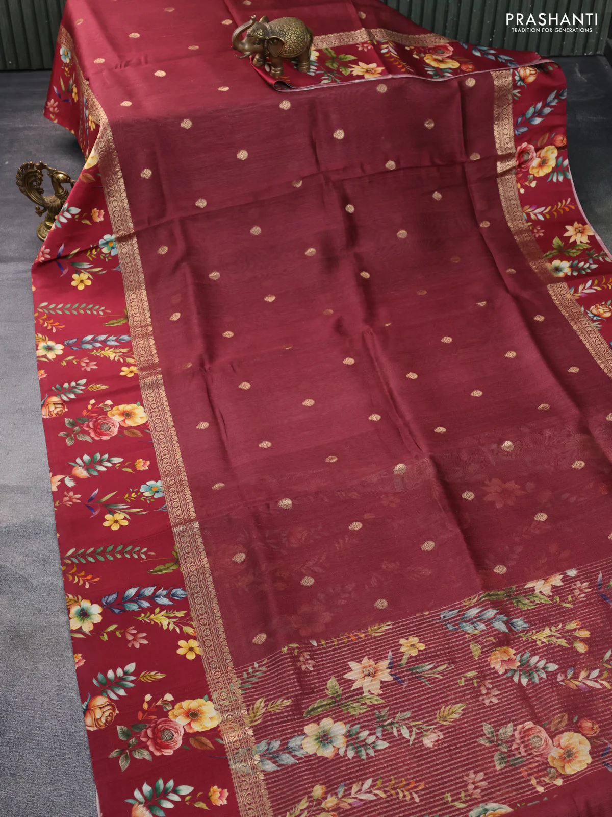 Banarasi tussar silk saree maroon with zari woven buttas and zari woven floral digital printed border - Image 2