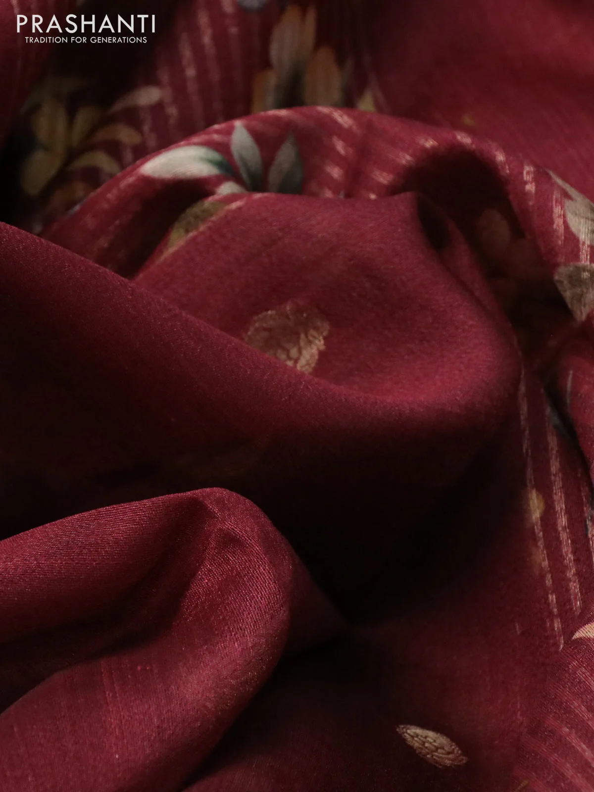 Banarasi tussar silk saree maroon with zari woven buttas and zari woven floral digital printed border - Image 3