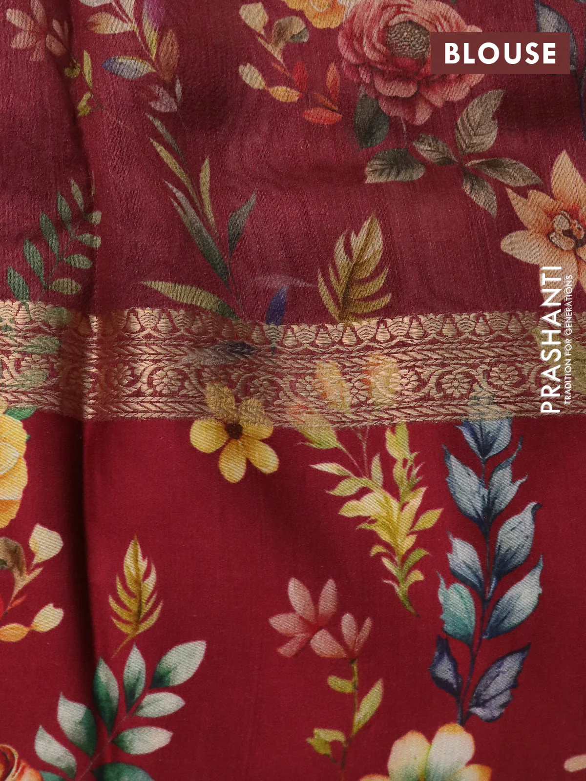 Banarasi tussar silk saree maroon with zari woven buttas and zari woven floral digital printed border - Image 4