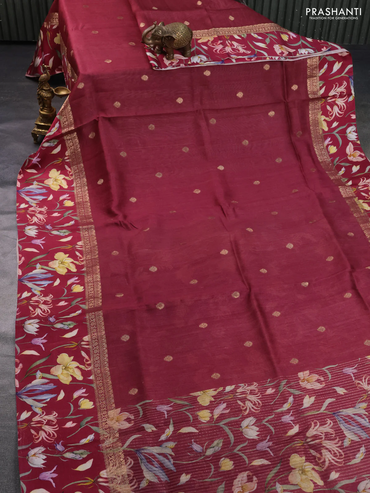 Banarasi tussar silk saree maroon with zari woven buttas and zari woven floral digital printed border - Image 2