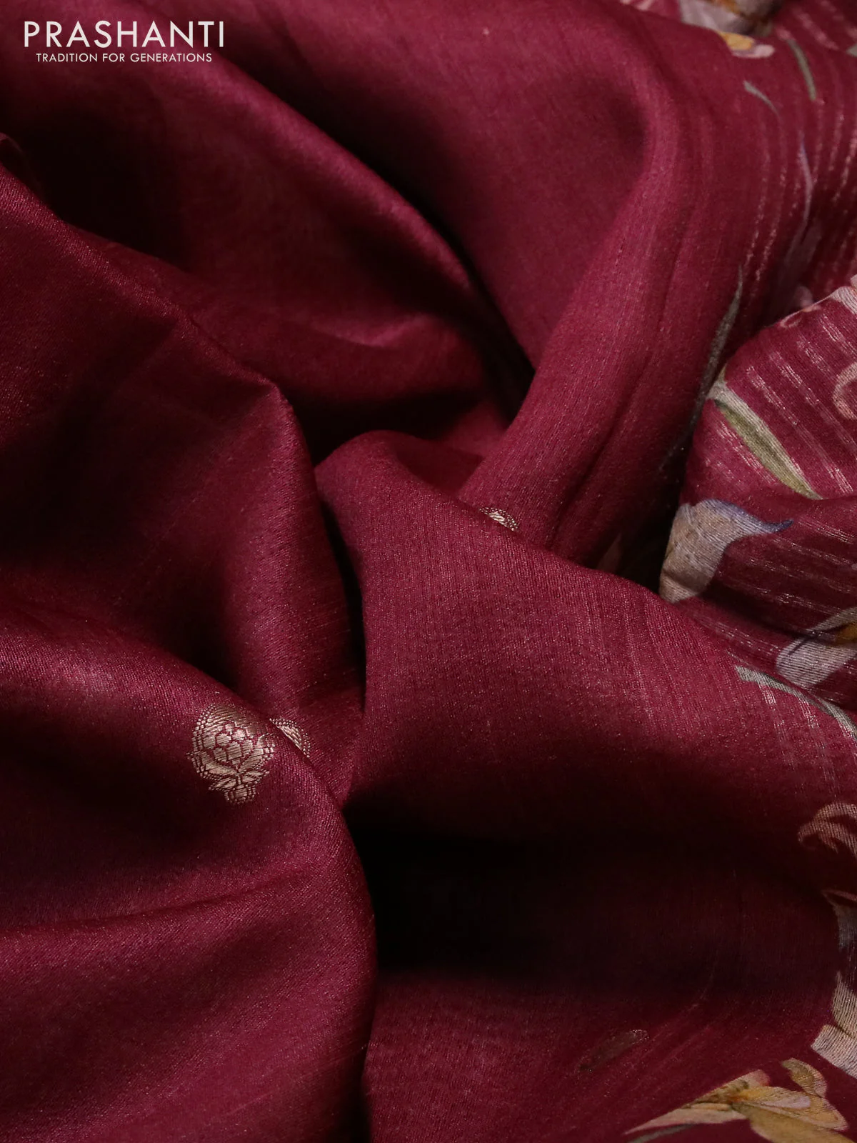 Banarasi tussar silk saree maroon with zari woven buttas and zari woven floral digital printed border - Image 3