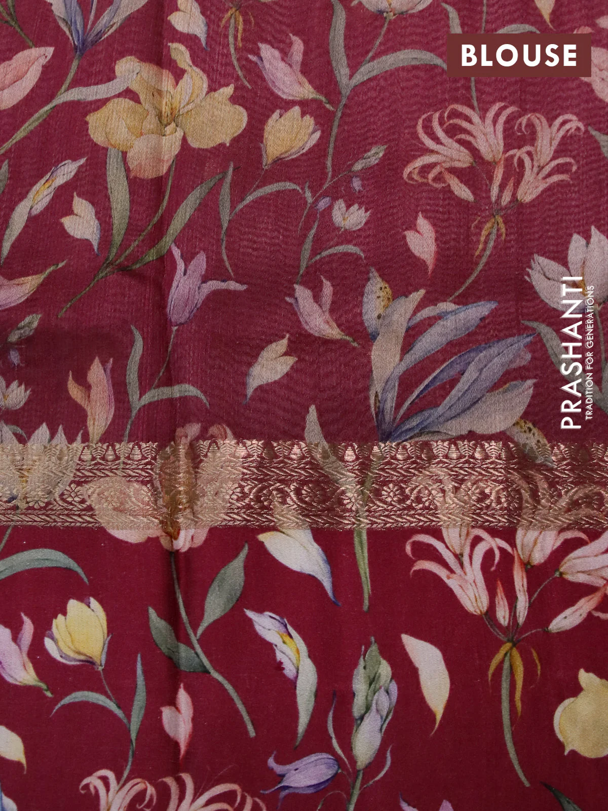 Banarasi tussar silk saree maroon with zari woven buttas and zari woven floral digital printed border - Image 4