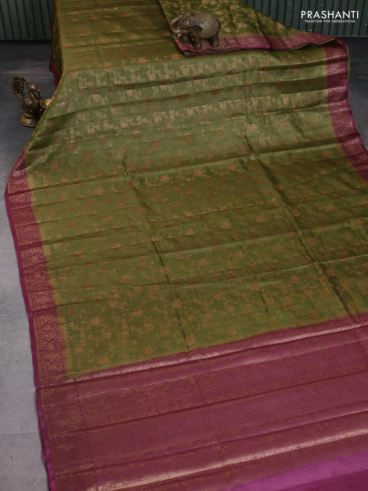 Banarasi tussar silk saree mehendi green and wine shade with allover thread & zari weaves and woven border - Image 2