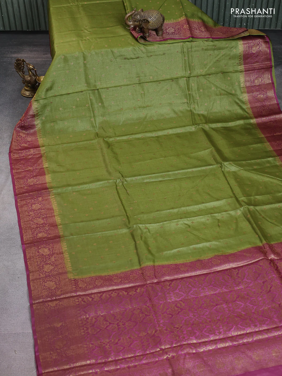 Banarasi tussar silk saree mehendi green and wine shade with allover thread & zari woven buttas and woven border - Image 2