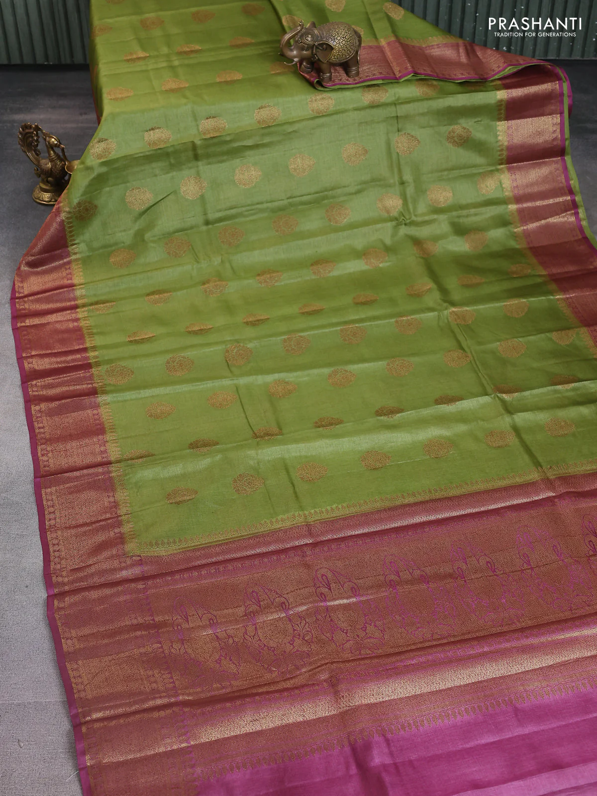 Banarasi tussar silk saree mehendi green and wine shade with thread & zari woven buttas and woven border - Image 2