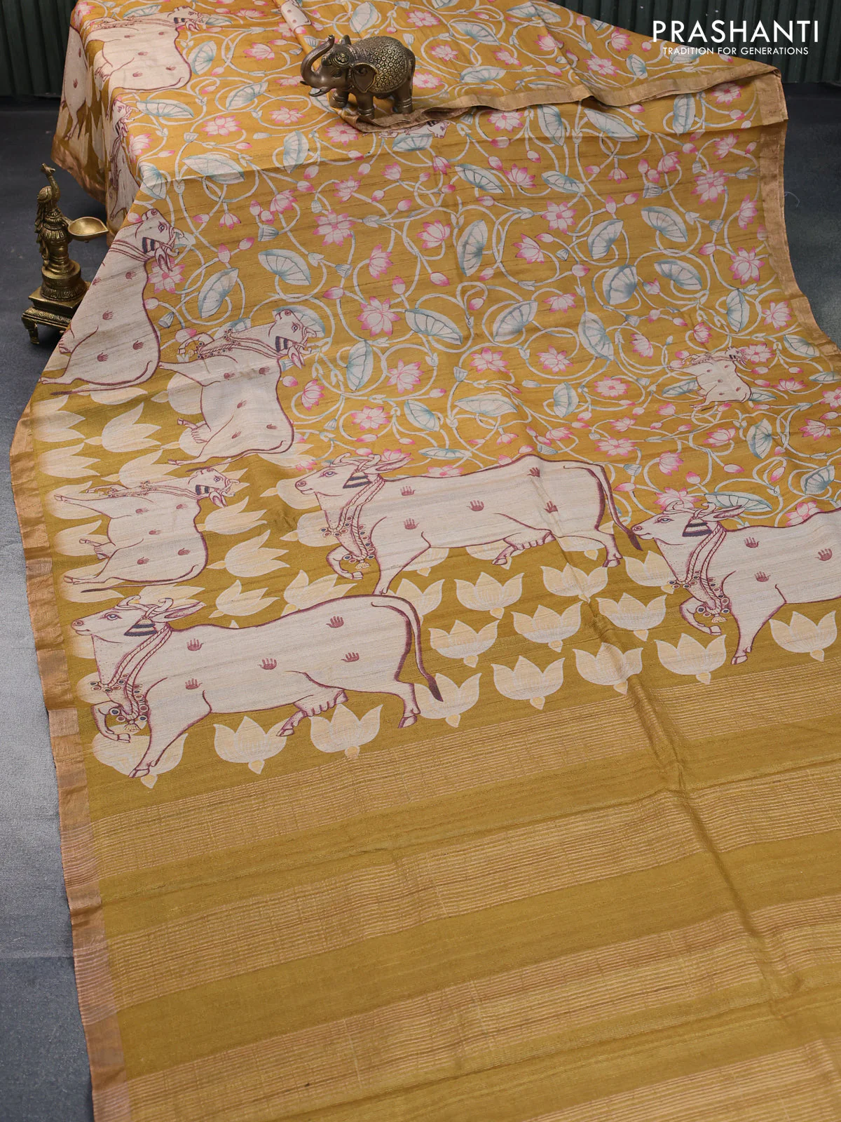 Banarasi tussar silk saree mustard yellow with allover pichwai digital prints and zari woven border - Image 2