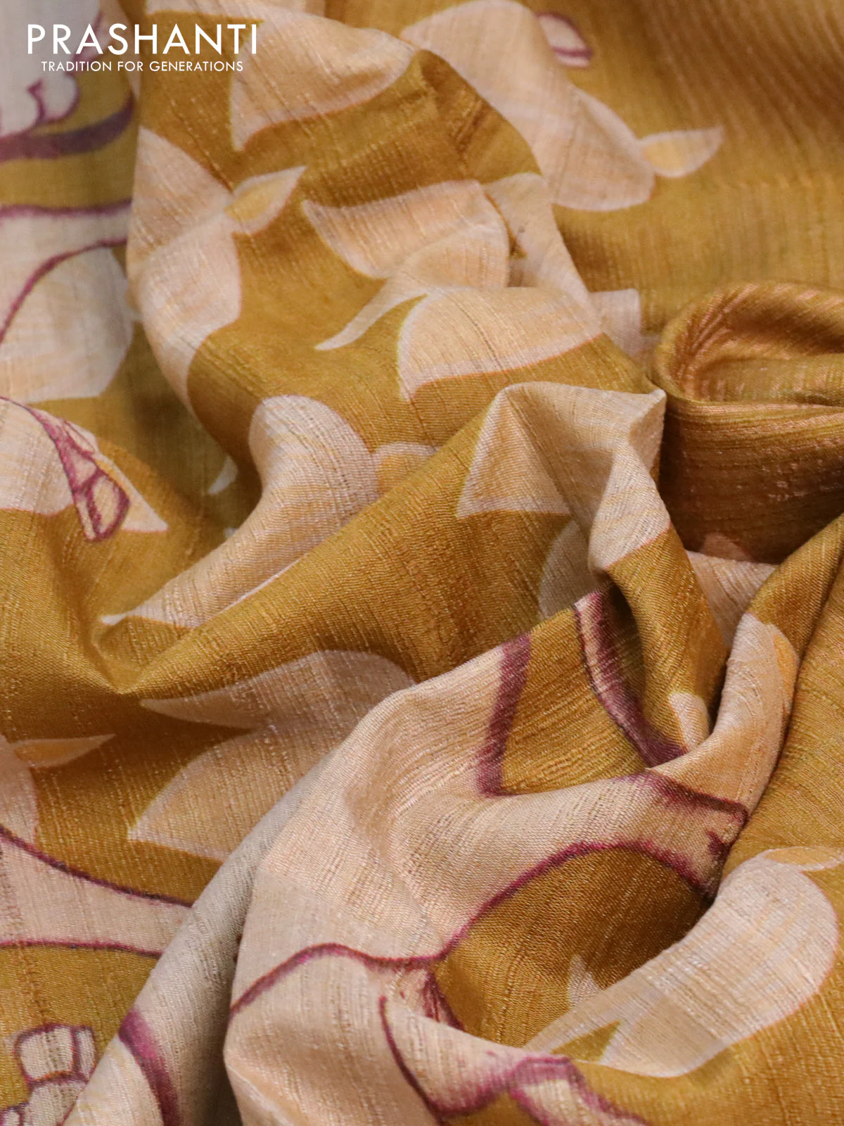 Banarasi tussar silk saree mustard yellow with allover pichwai digital prints and zari woven border - Image 3