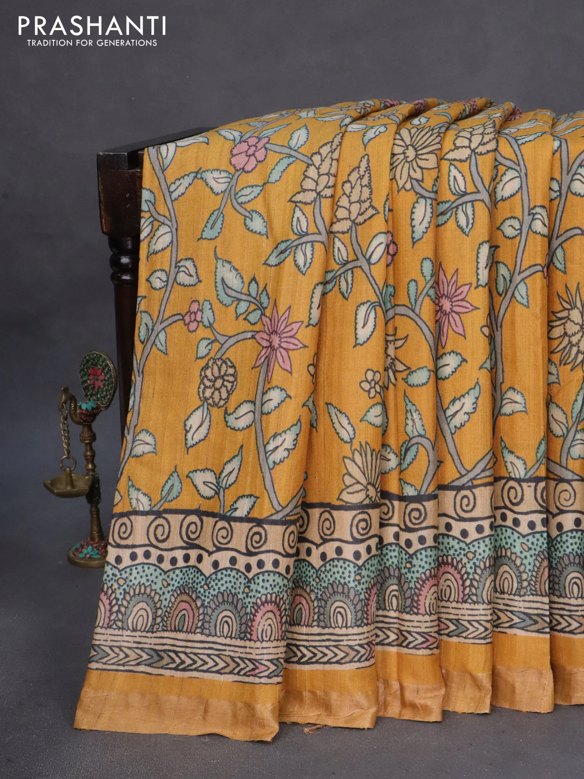 Banarasi tussar silk saree mustard yellow with kalamkari digital prints and zari woven border