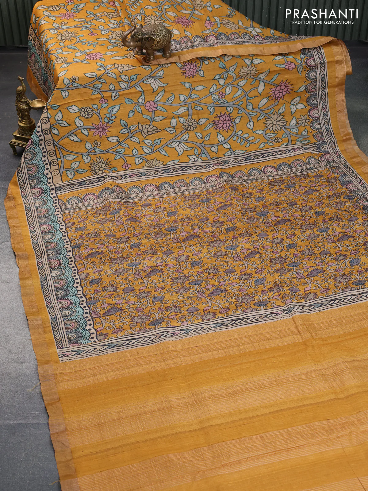 Banarasi tussar silk saree mustard yellow with kalamkari digital prints and zari woven border - Image 2