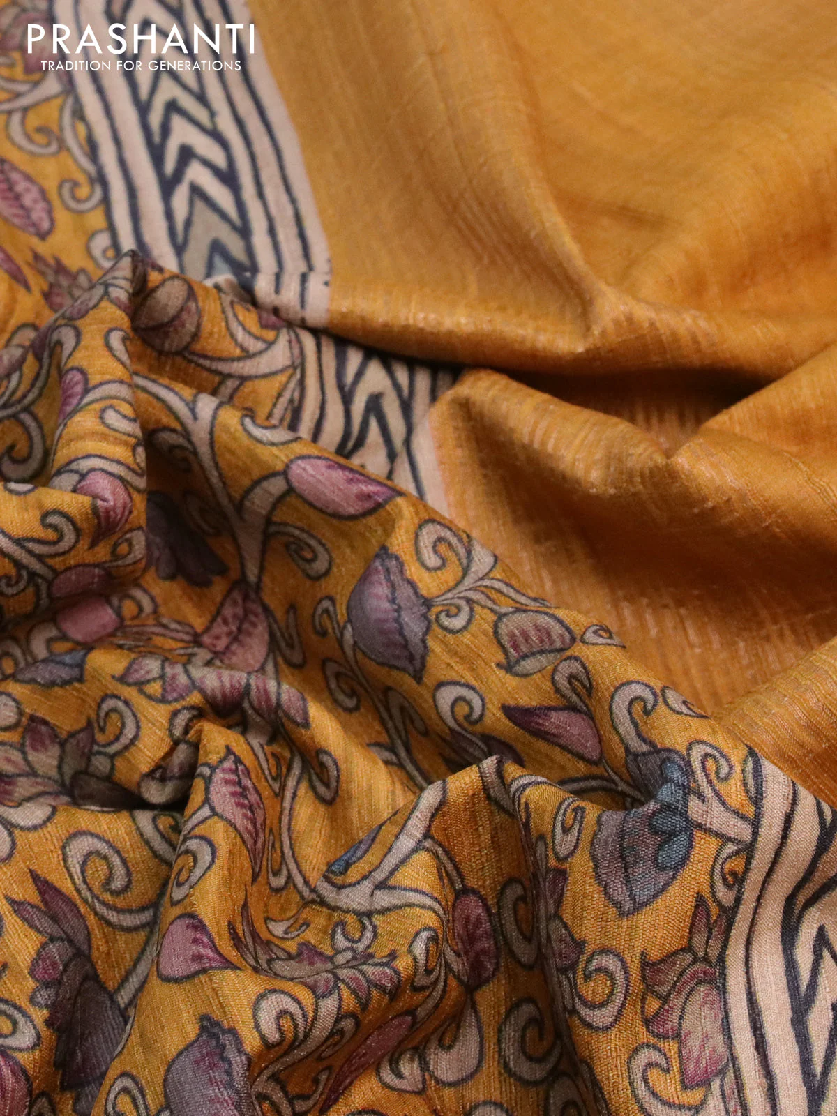 Banarasi tussar silk saree mustard yellow with kalamkari digital prints and zari woven border - Image 3