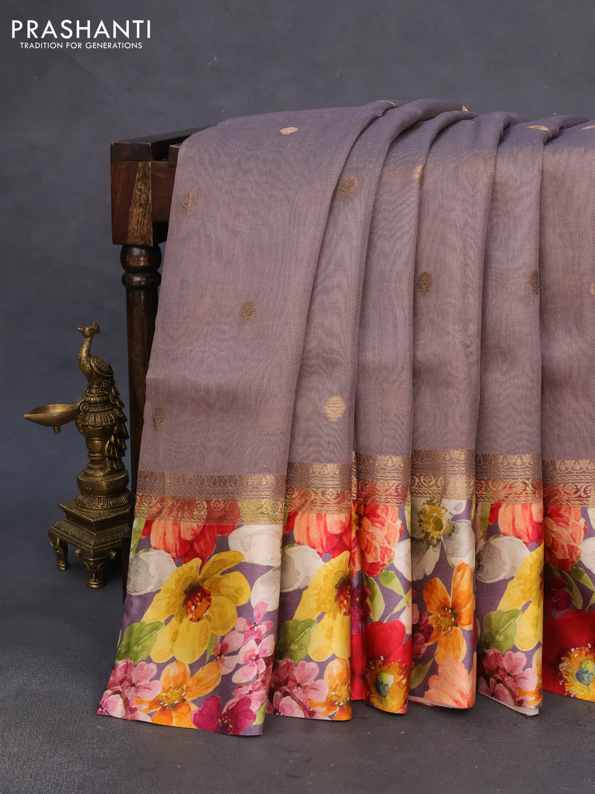 Banarasi tussar silk saree pastel brown with zari woven buttas and zari woven floral digital printed border