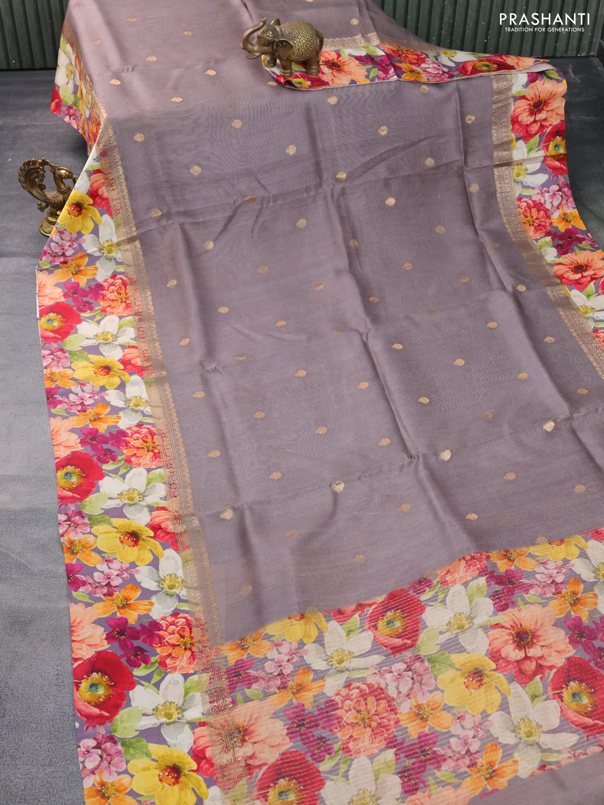 Banarasi tussar silk saree pastel brown with zari woven buttas and zari woven floral digital printed border - Image 2