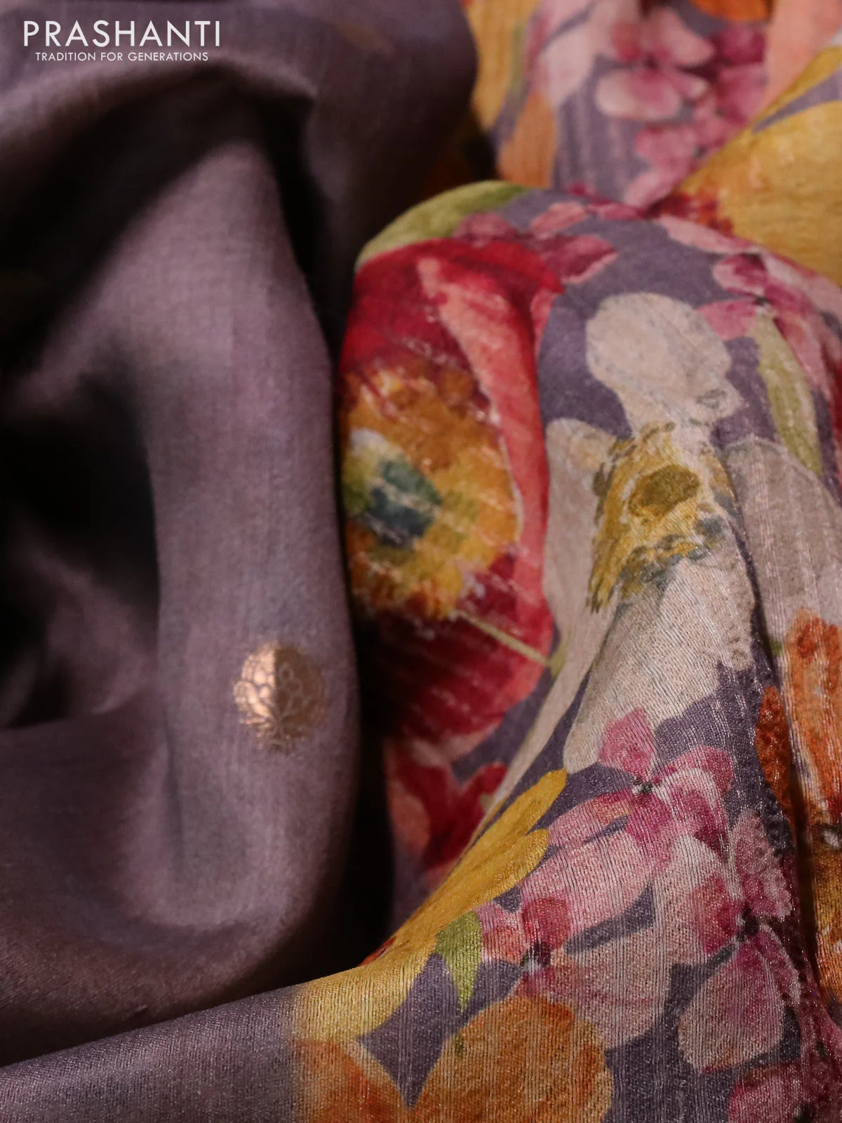 Banarasi tussar silk saree pastel brown with zari woven buttas and zari woven floral digital printed border - Image 3