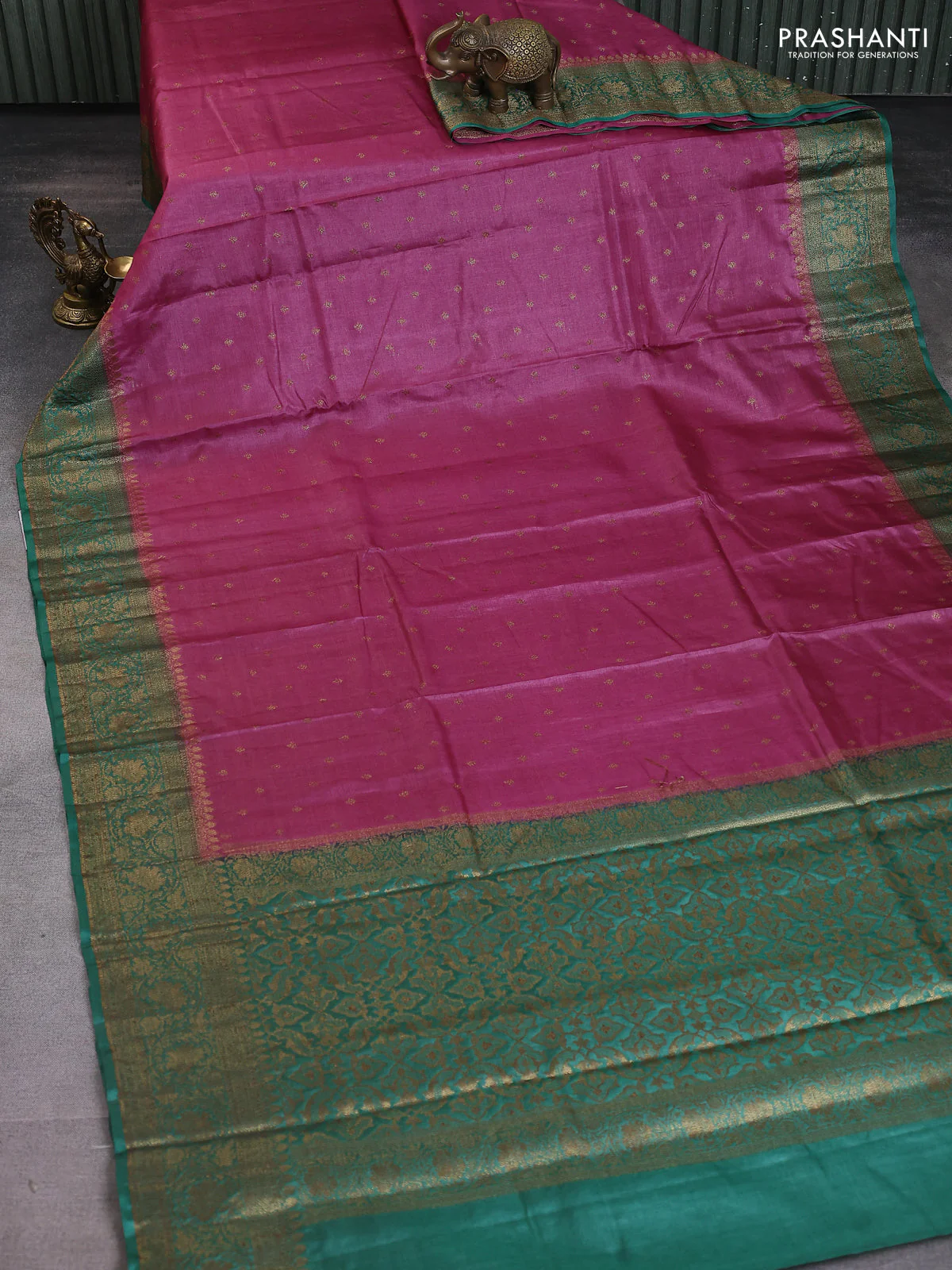 Banarasi tussar silk saree pink and green with allover thread & zari woven buttas and woven border - Image 2