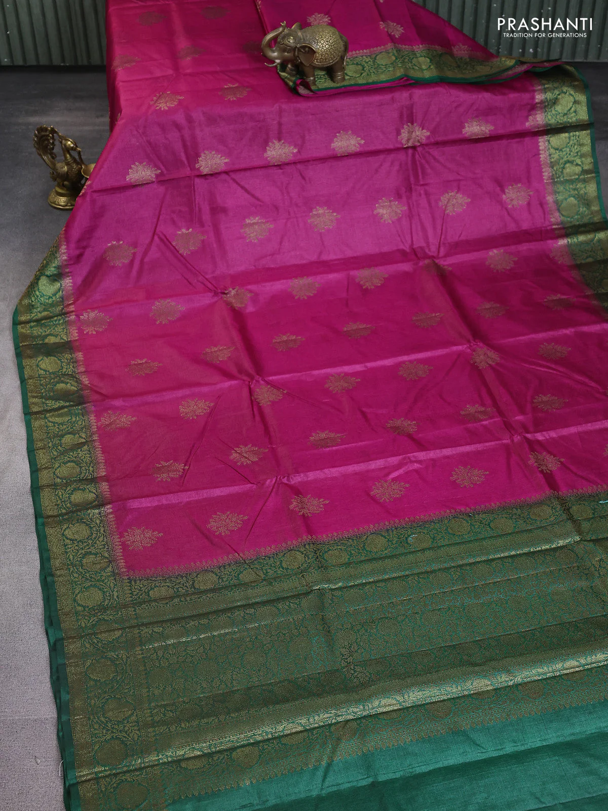 Banarasi tussar silk saree pink and green with thread & zari woven buttas and woven border - Image 2