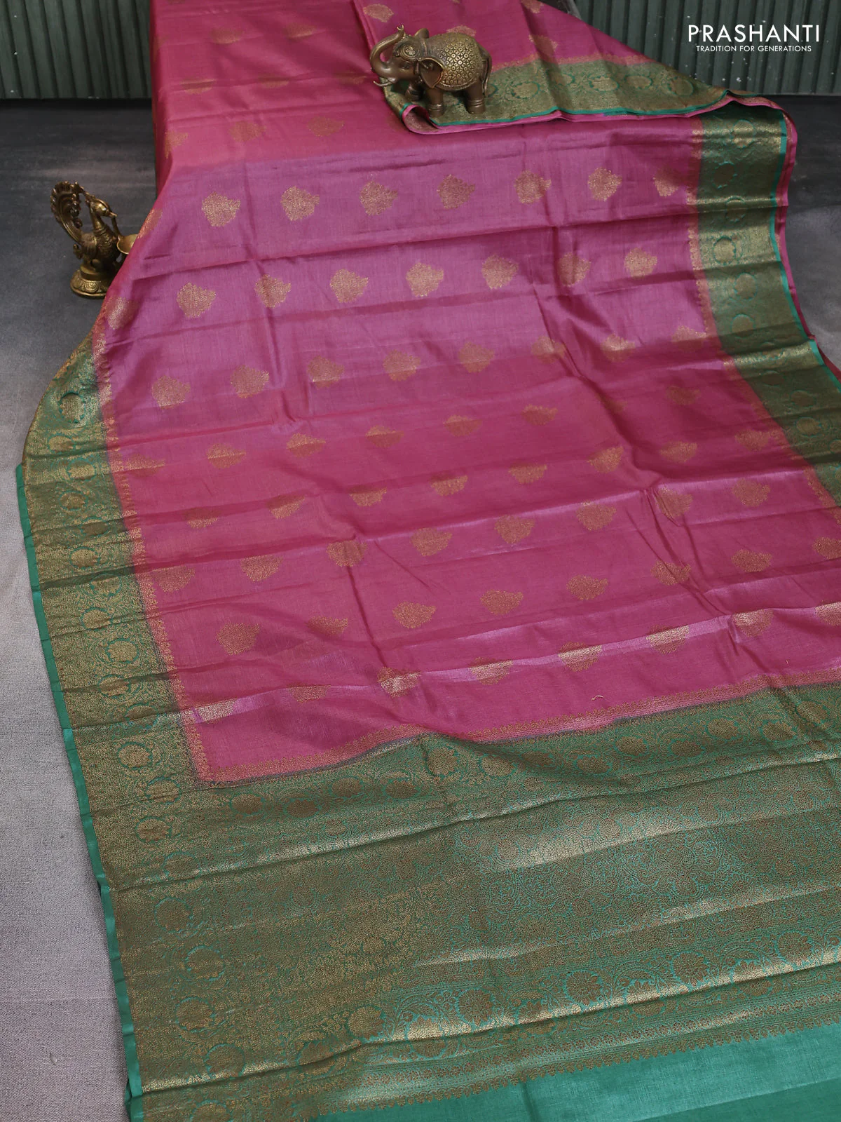 Banarasi tussar silk saree pink and green with thread & zari woven buttas and woven border - Image 2