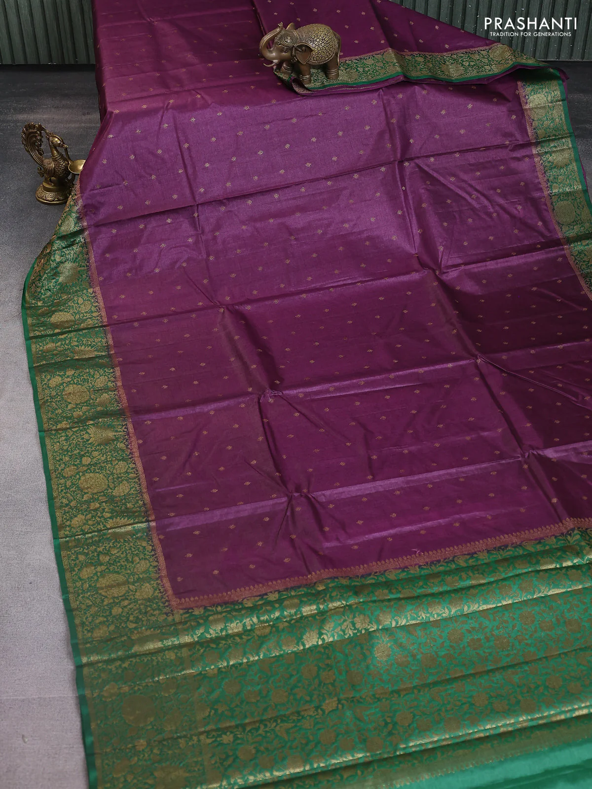 Banarasi tussar silk saree purple and green with allover thread & zari woven buttas and woven border - Image 2