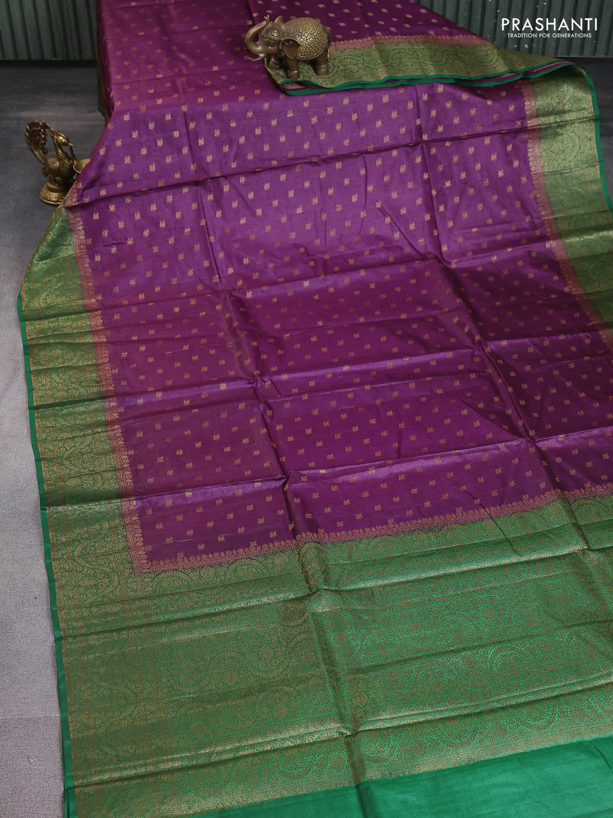 Banarasi tussar silk saree purple and green with allover thread & zari woven buttas and woven border - Image 2