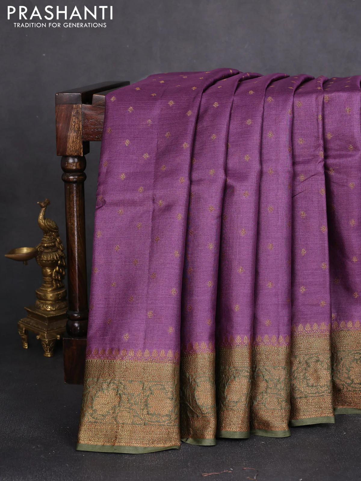 Banarasi tussar silk saree purple and mehendi green with allover thread & zari woven buttas and woven border