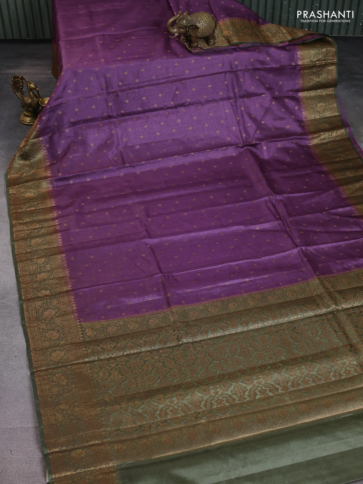 Banarasi tussar silk saree purple and mehendi green with allover thread & zari woven buttas and woven border - Image 2