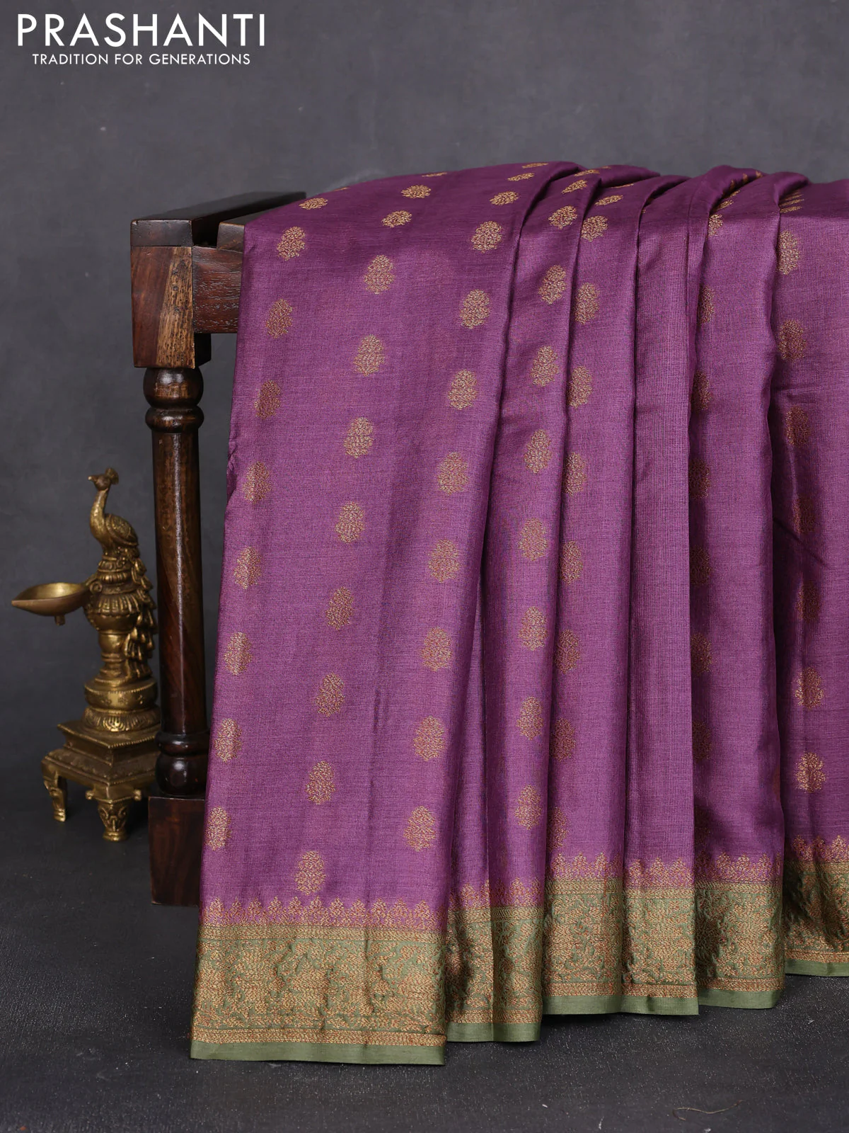 Banarasi tussar silk saree purple and mehendi green with allover thread & zari woven buttas and woven border