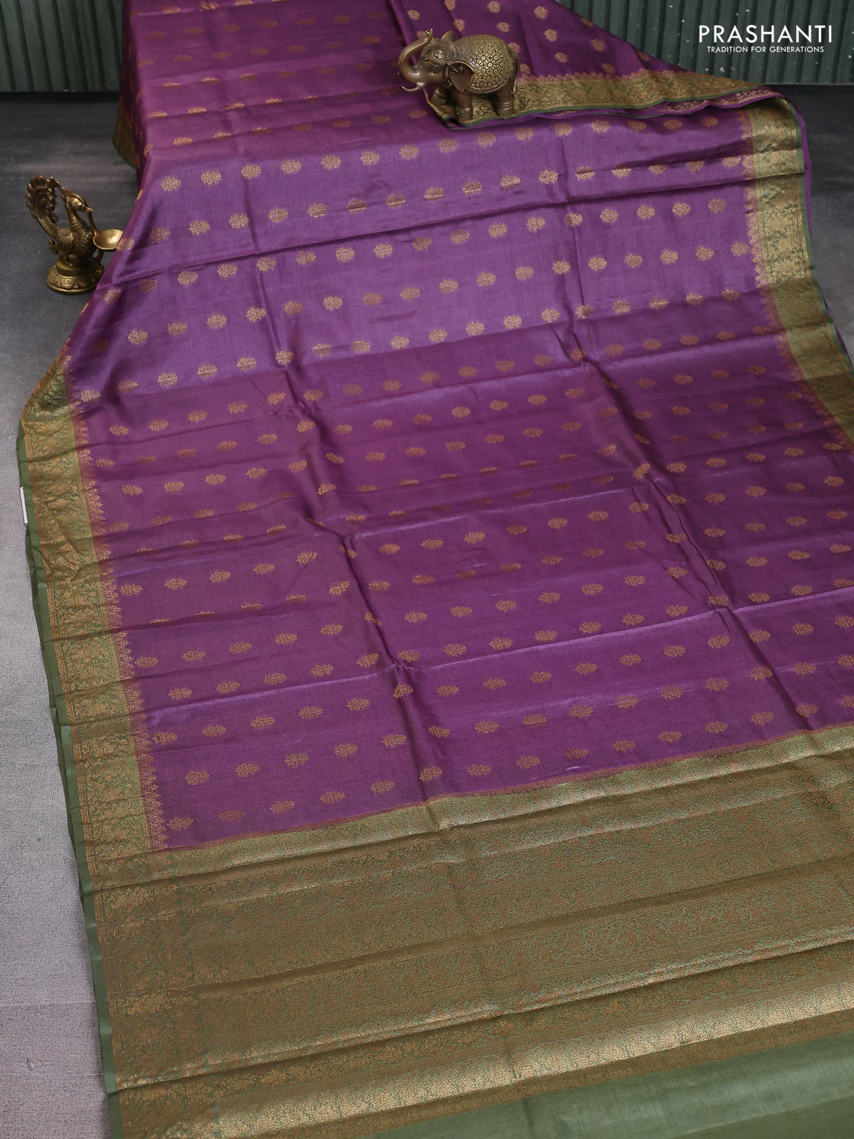 Banarasi tussar silk saree purple and mehendi green with allover thread & zari woven buttas and woven border - Image 2