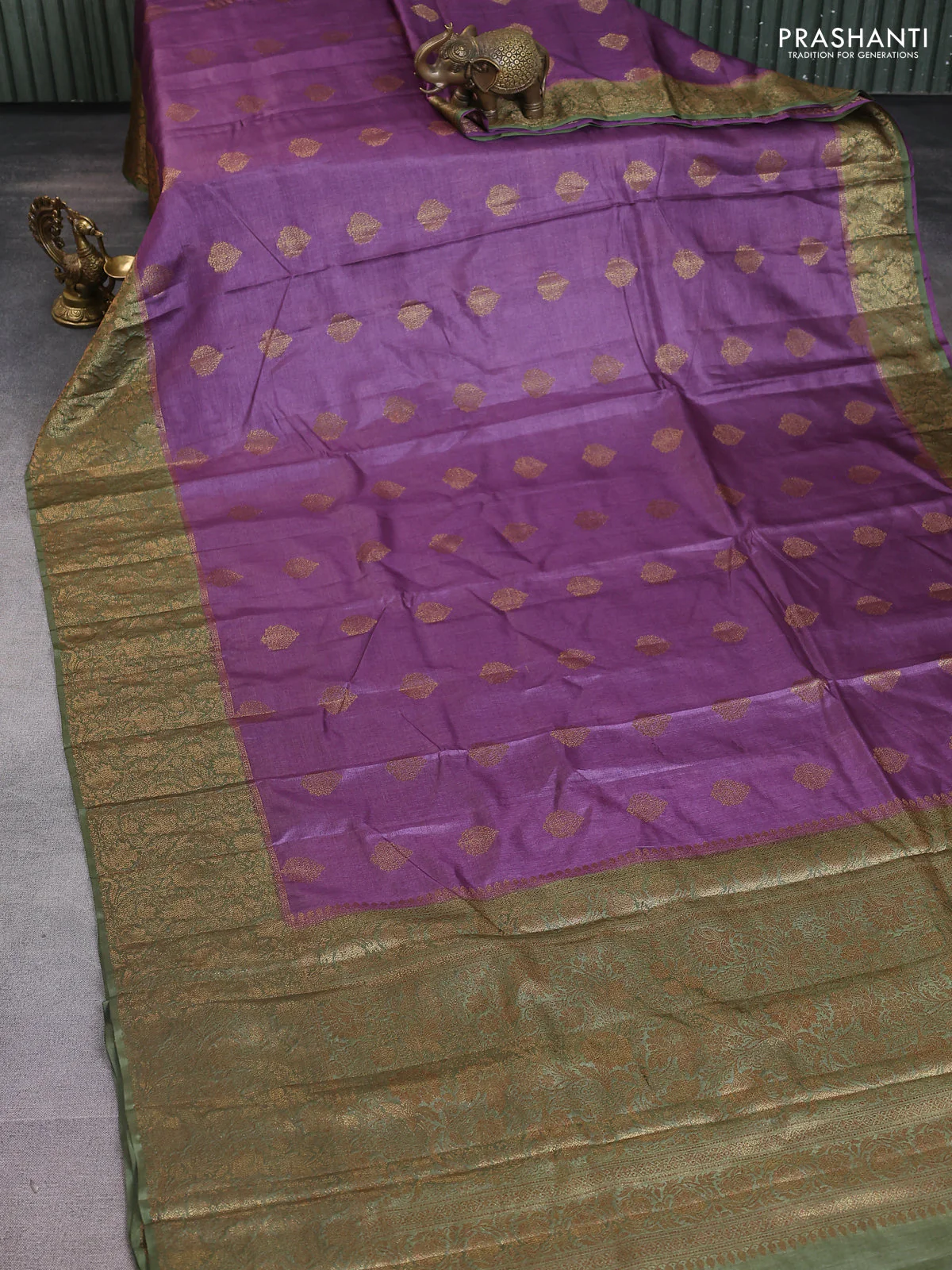 Banarasi tussar silk saree purple and mehendi green with thread & zari woven buttas and woven border - Image 2