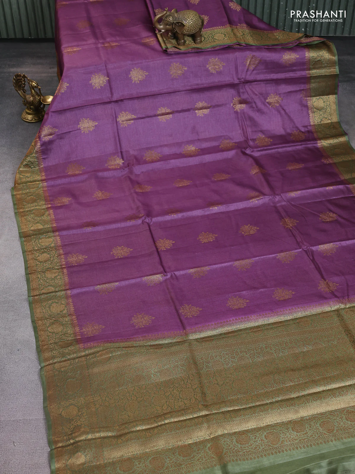 Banarasi tussar silk saree purple and mehendi green with thread & zari woven buttas and woven border - Image 2