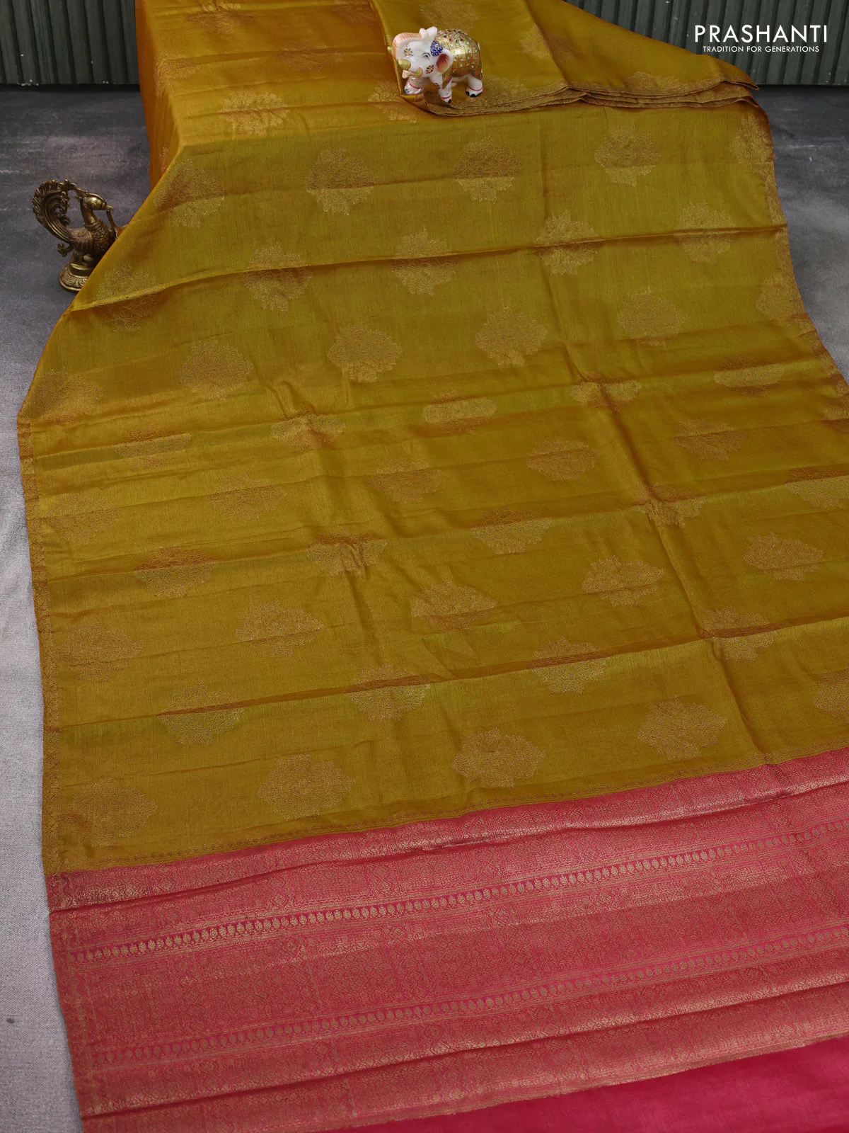 Banarasi tussar silk saree yellow and pink with thread & zari woven buttas and woven border - Image 2