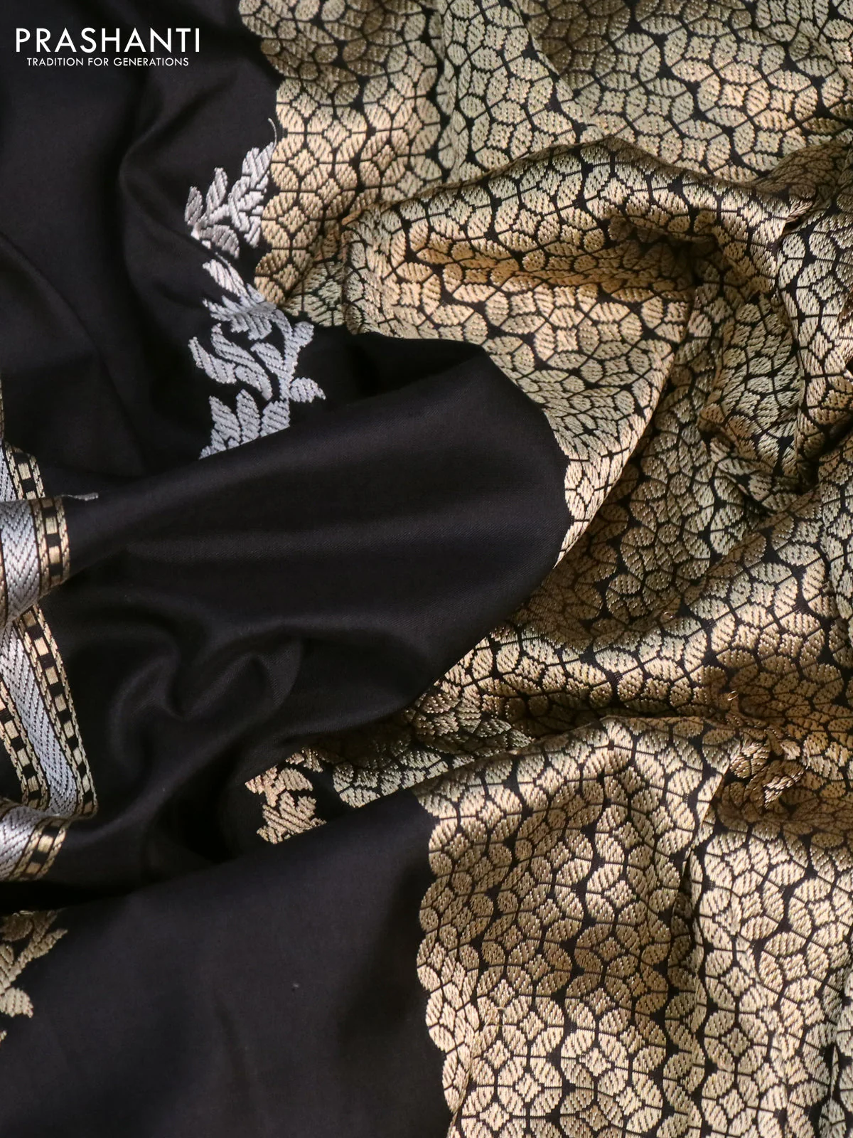 Banarasi uppada silk saree black with allover silver & zari weaves and zari woven border - Image 3