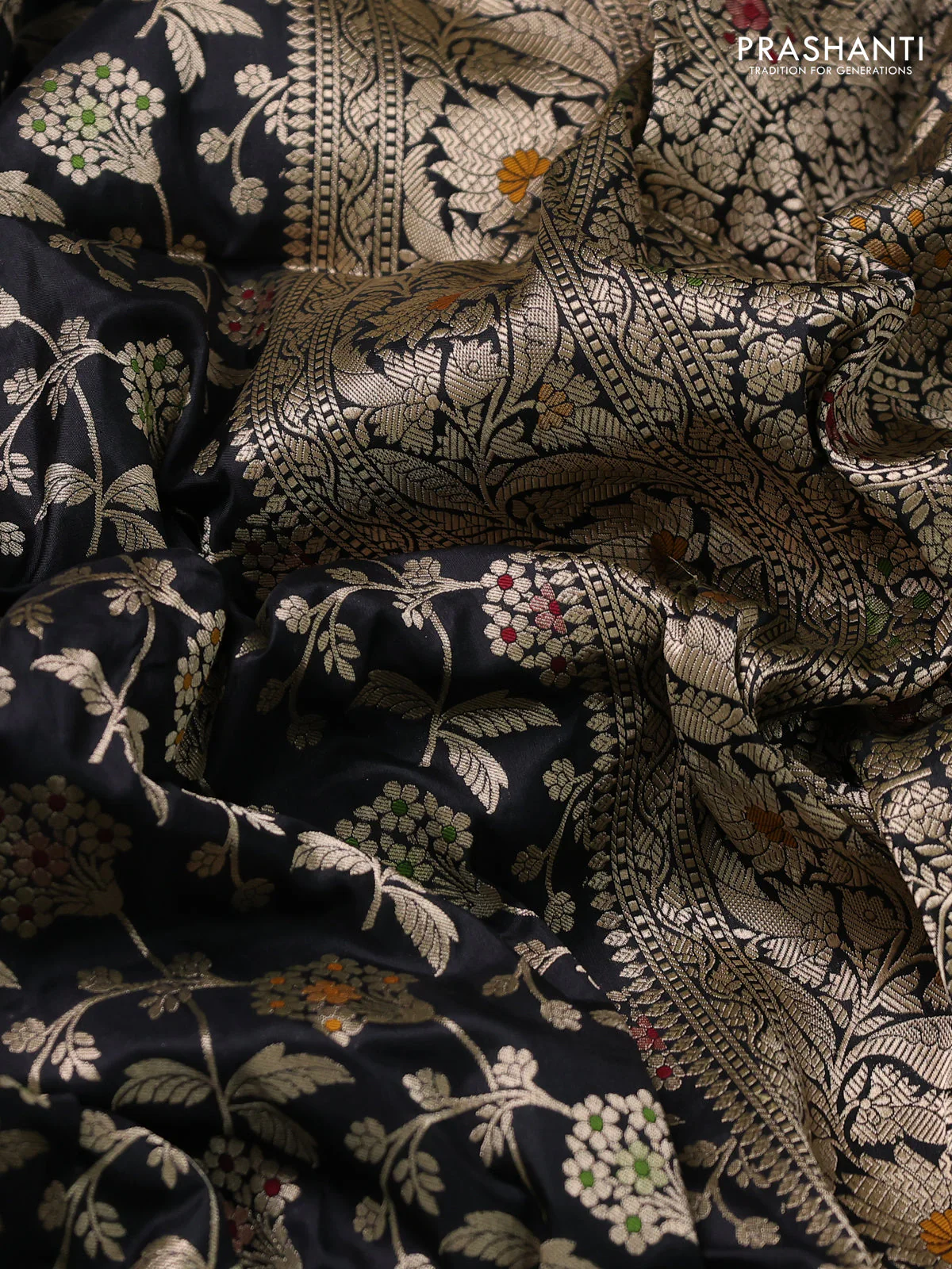 Banarasi uppada silk saree black with allover zari woven brocade weaves and zari woven border - Image 3