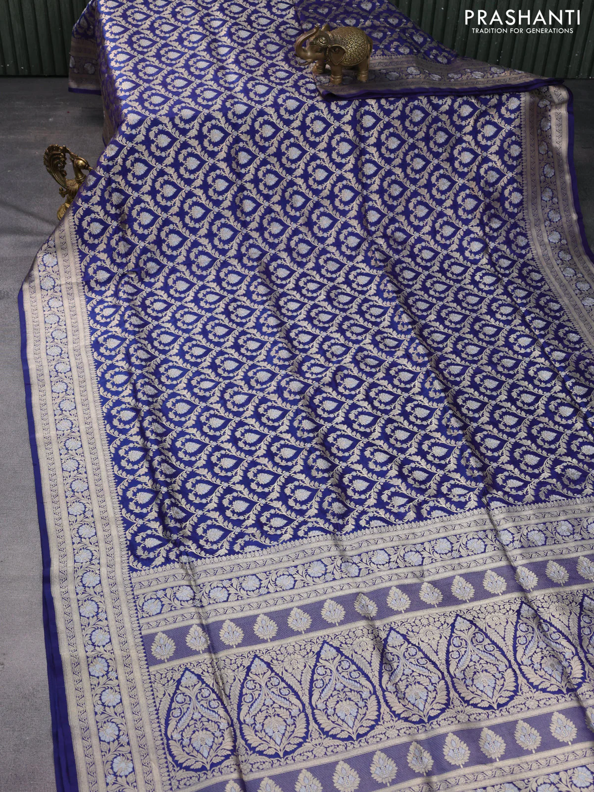 Banarasi uppada silk saree blue with allover zari woven brocade weaves and zari woven border - Image 2