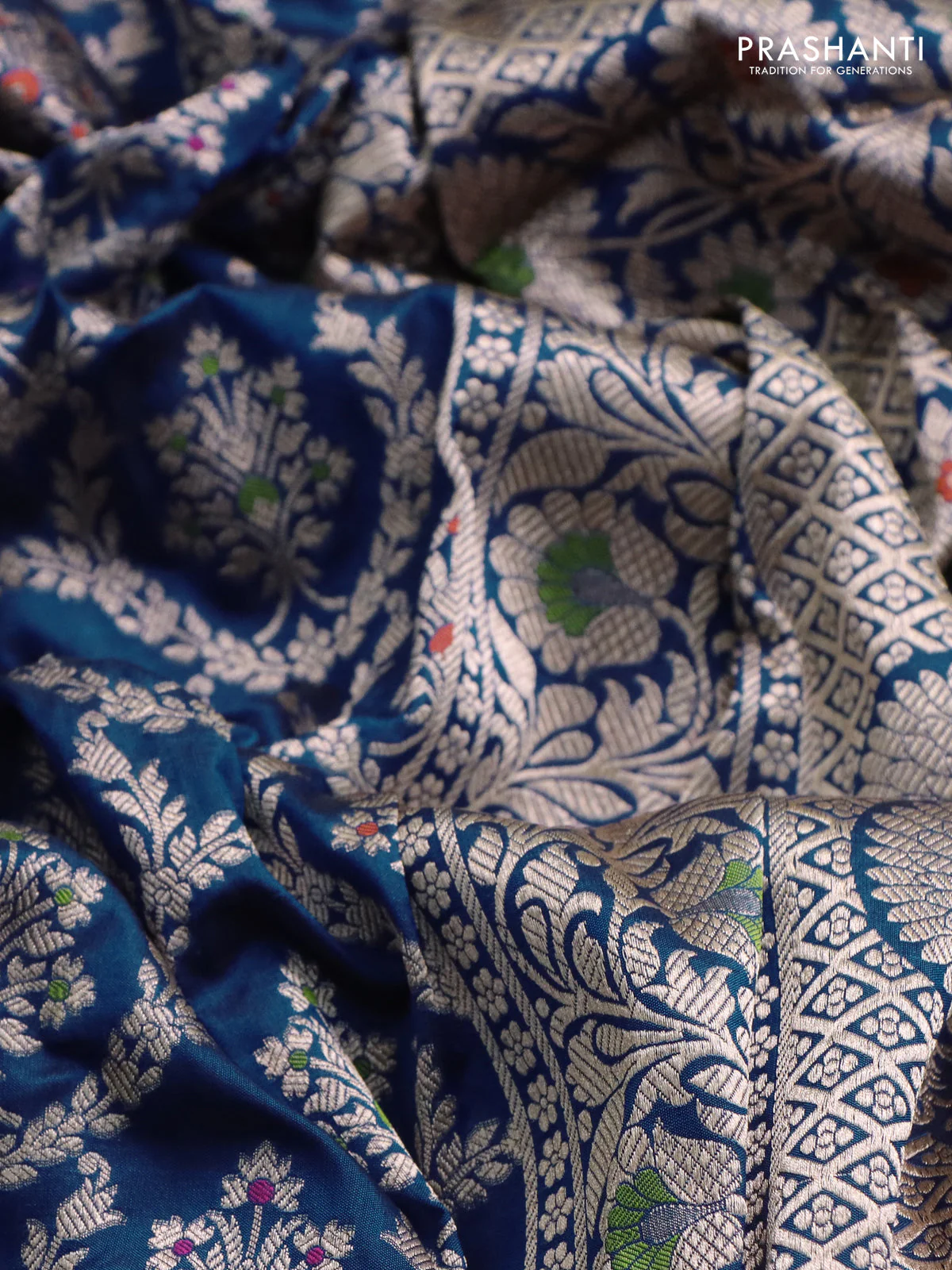 Banarasi uppada silk saree blue with allover zari woven brocade weaves and zari woven border - Image 3