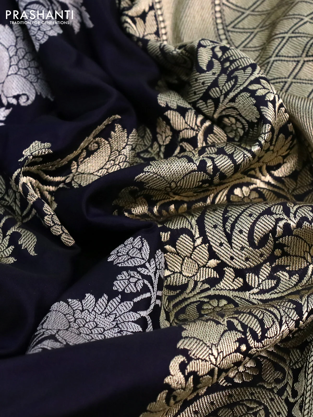 Banarasi uppada silk saree deep navy blue with allover silver & gold zari woven floral weaves and rich zari woven border - Image 3
