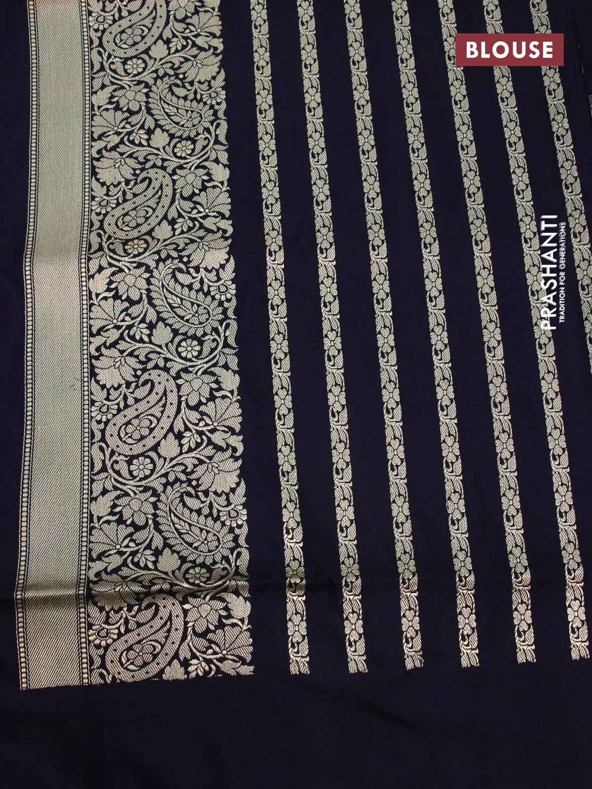 Banarasi uppada silk saree deep navy blue with allover silver & gold zari woven floral weaves and rich zari woven border - Image 4